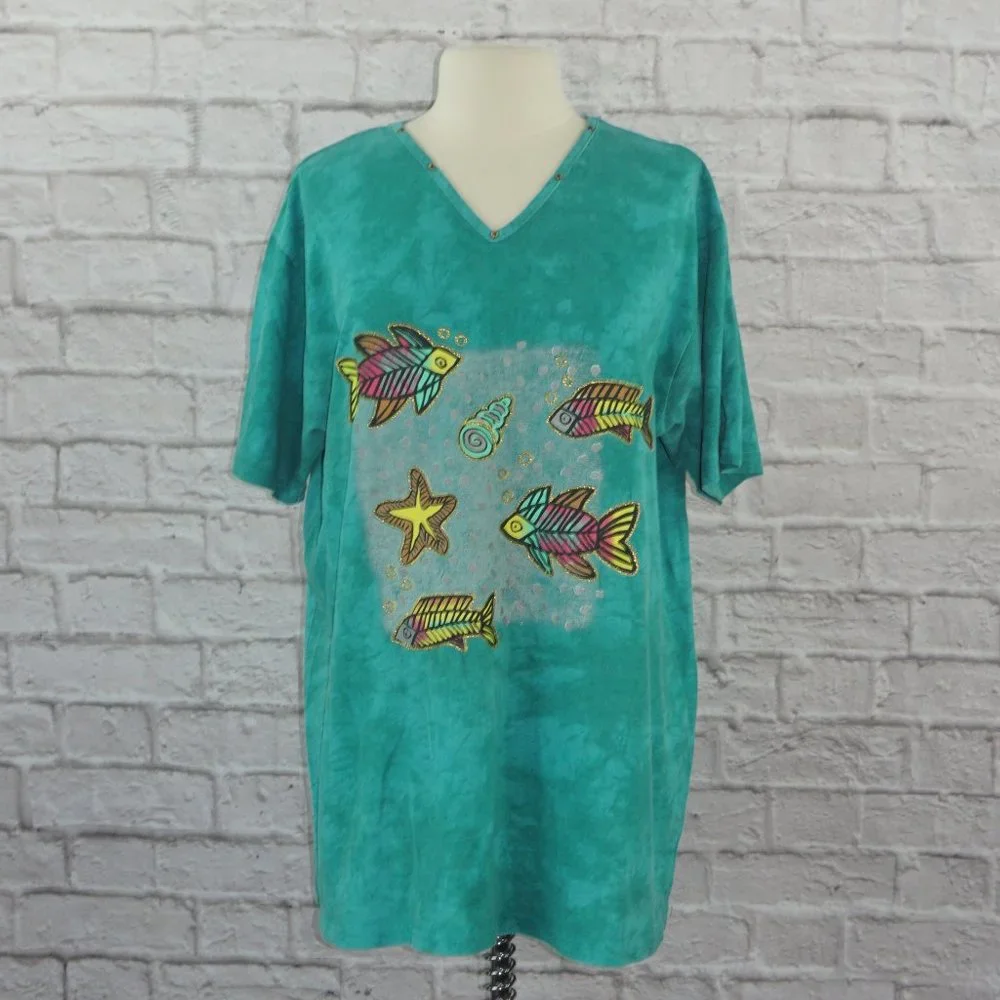 Vintage 80s Acid Wash Fish Oversized Shirt - Picture 1 of 8